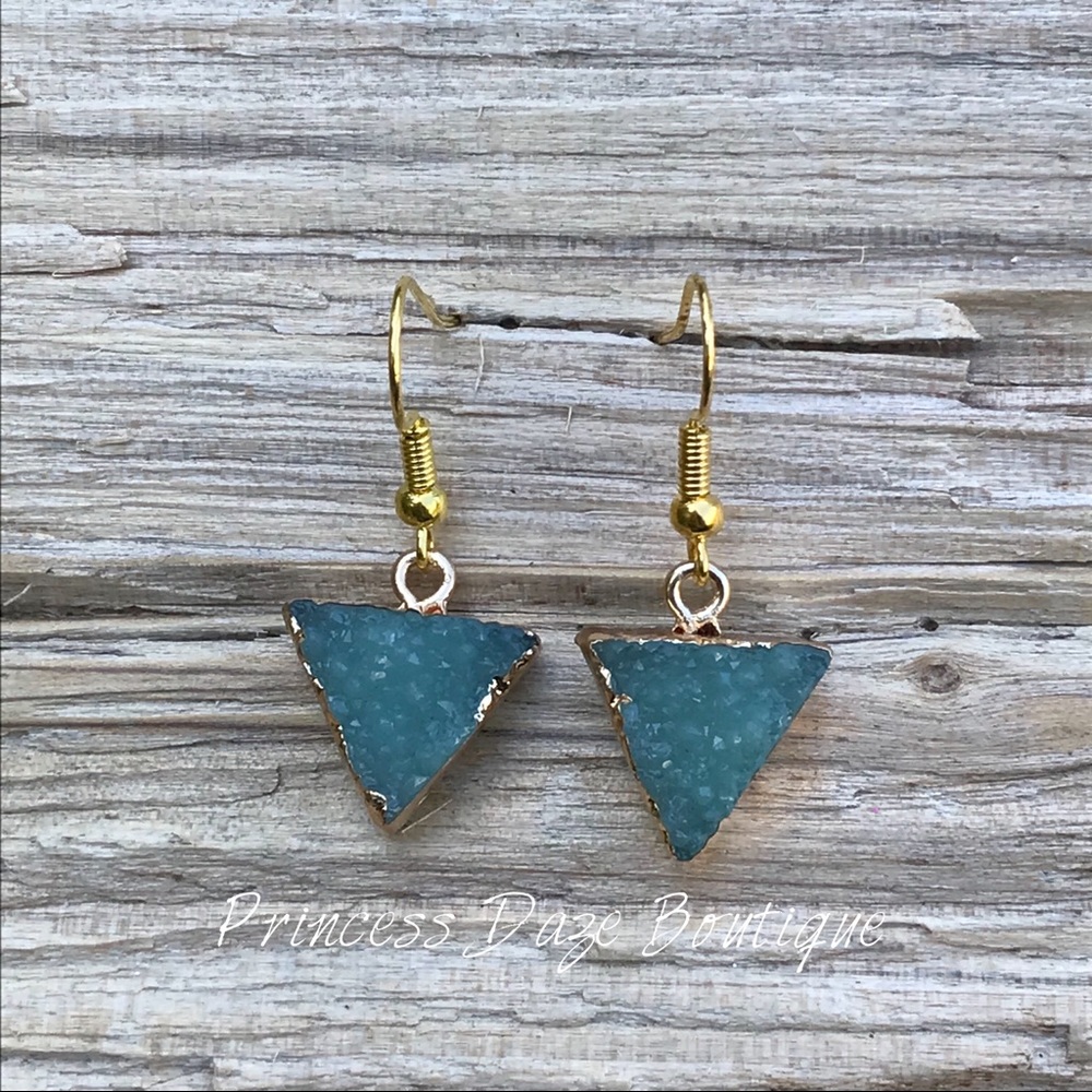 Gold Triangle Druzy Stone Dangle Earrings‎
